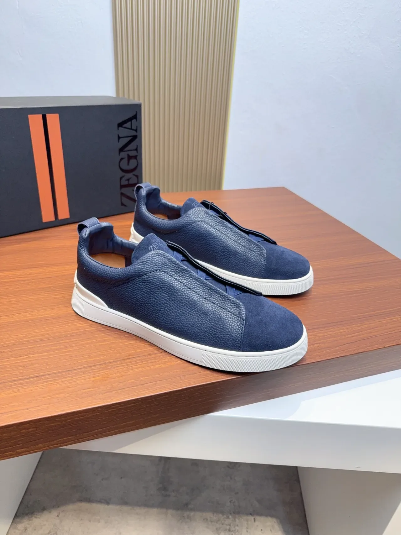 Zegna Navy Blue Laceless Slip-On Lifestyle Sneakers 4