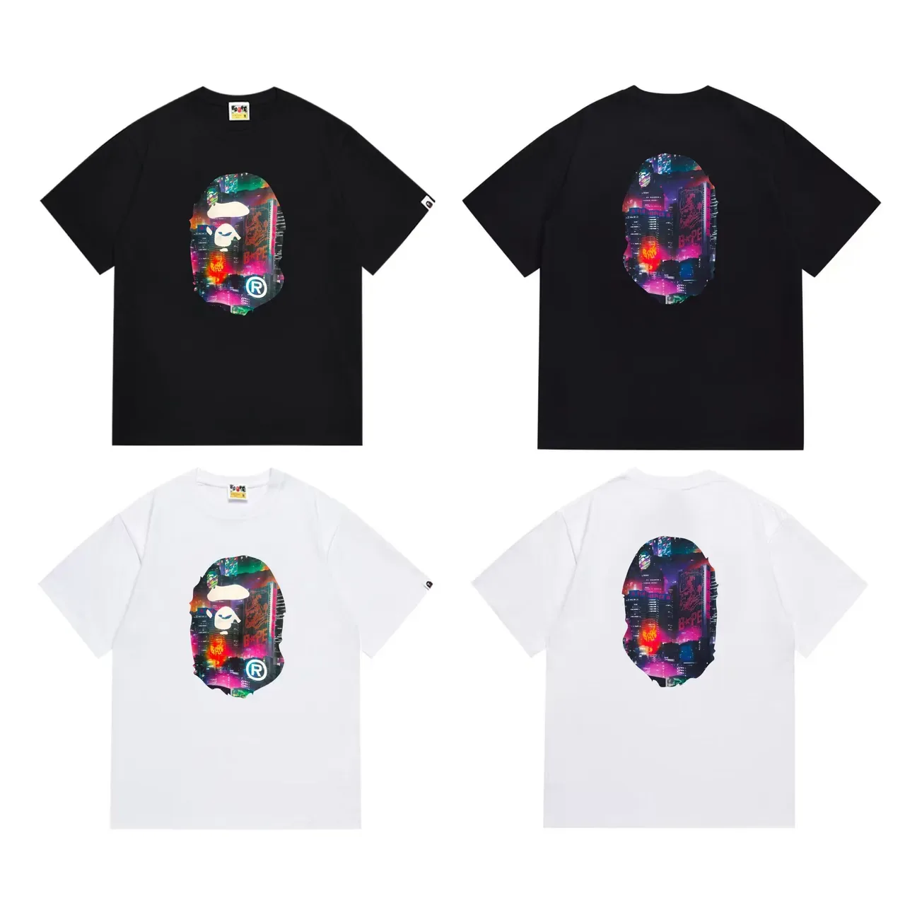 Camiseta A Bathing Ape con estampado gráfico de cabeza de mono y paisaje urbano neón 6