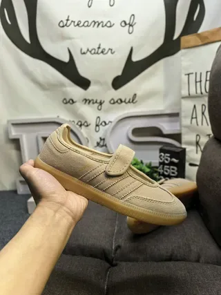 Adidas Beige Brown Laceless Velcro Strap Three-Stripe Side Panel Lifestyle Sneakers 5