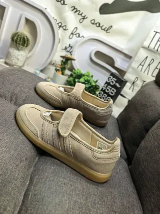 Adidas Beige Brown Laceless Velcro Strap Three-Stripe Side Panel Lifestyle Sneakers 7