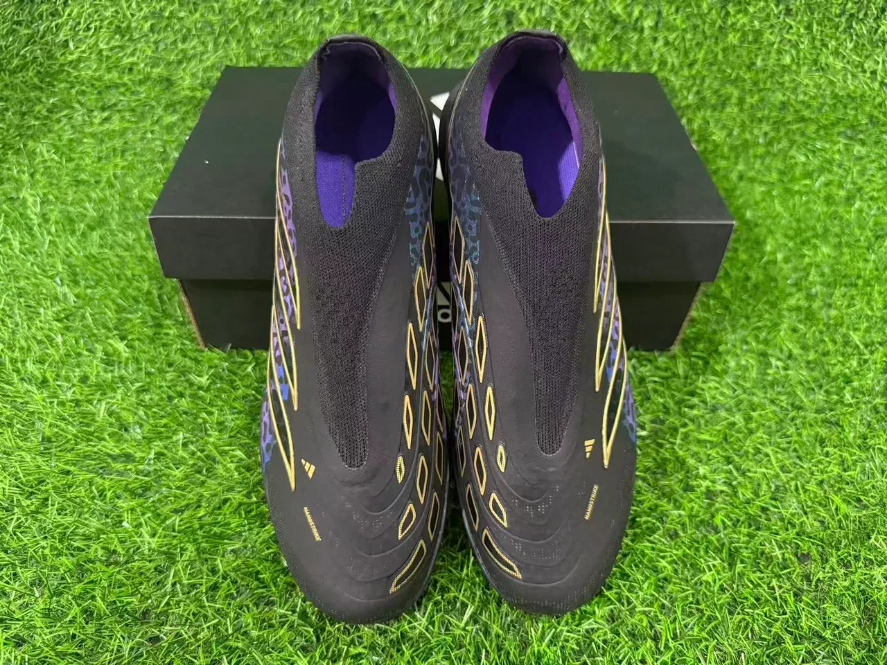 Adidas Black Multicolor Leopard-Print Synthetic Upper Gold Metallic Stripes Turf Soccer Shoes 5