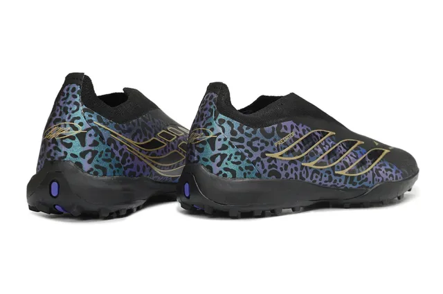 Adidas Black Multicolor Leopard-Print Synthetic Upper Gold Metallic Stripes Turf Soccer Shoes 15