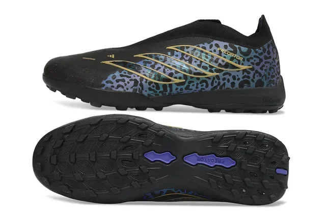 Adidas Black Multicolor Leopard-Print Synthetic Upper Gold Metallic Stripes Turf Soccer Shoes 16