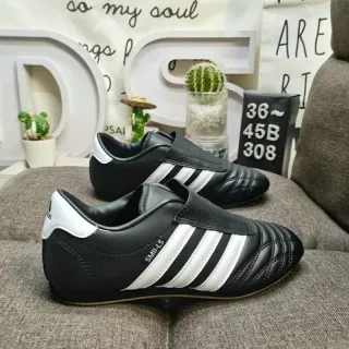 Adidas Black White Quilted Leather Upper Laceless Strap Closure Indoor Soccer Shoes