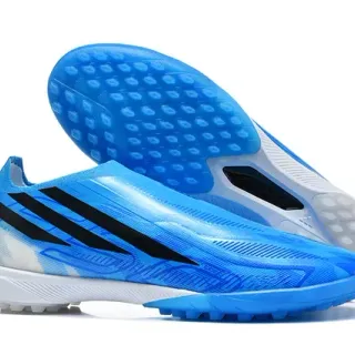 Adidas Azul Preto Baixo Upper Sintético Asimétrica Lacing Cage Turf Sapatos de Futebol