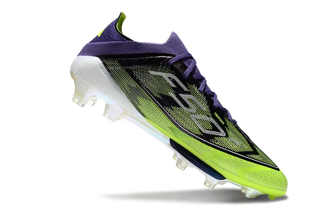 Adidas F50 Vert Violet Bas-Coupé Tricot Supérieur Superposition Graphique Trois Rayures Terrain Ferme Chaussures de Football 2