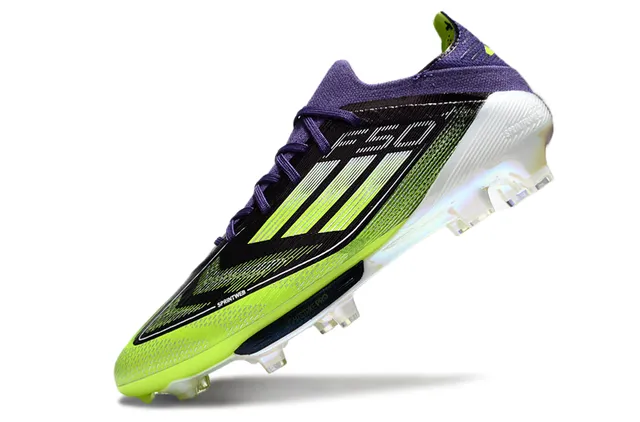 Adidas F50 Vert Violet Bas-Coupé Tricot Supérieur Superposition Graphique Trois Rayures Terrain Ferme Chaussures de Football 3
