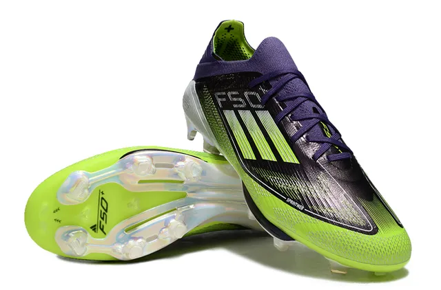 Adidas F50 Vert Violet Bas-Coupé Tricot Supérieur Superposition Graphique Trois Rayures Terrain Ferme Chaussures de Football 4