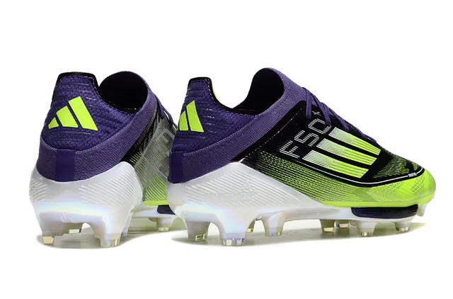 Adidas F50 Vert Violet Bas-Coupé Tricot Supérieur Superposition Graphique Trois Rayures Terrain Ferme Chaussures de Football 5