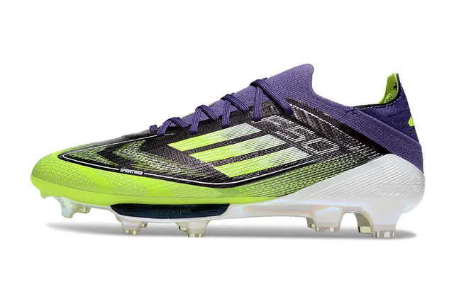 Adidas F50 Vert Violet Bas-Coupé Tricot Supérieur Superposition Graphique Trois Rayures Terrain Ferme Chaussures de Football 7