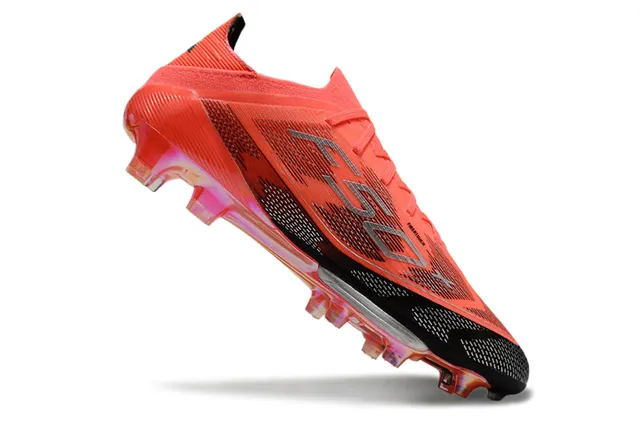 Adidas F50 Orange Noir Bas Tricot Haut Translucide Iridescent Semelle Sol Ferme Chaussures de Football 2