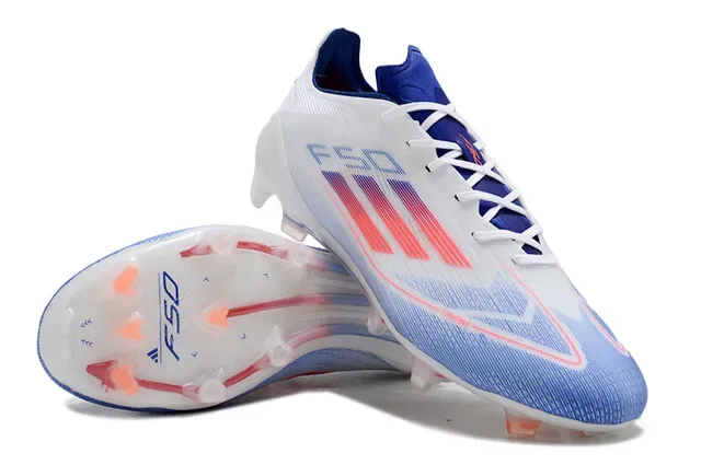 Adidas F50 أبيض أزرق upper منسوج منخفض القطع sole شفاف للأرض الصلبة أحذية كرة القدم 4