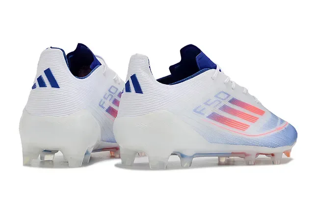Adidas F50 أبيض أزرق upper منسوج منخفض القطع sole شفاف للأرض الصلبة أحذية كرة القدم 5