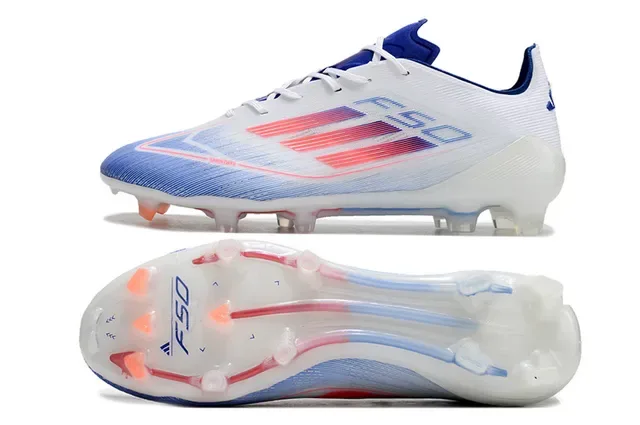 Adidas F50 أبيض أزرق upper منسوج منخفض القطع sole شفاف للأرض الصلبة أحذية كرة القدم 6