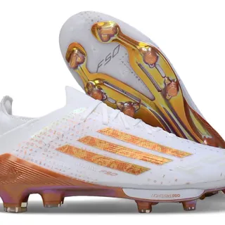 Adidas F50 Blanc Or Coupe Basse Tricot Supérieure Rayures Métalliques Iridescentes Terrain Ferme Chaussures de Football