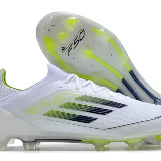Adidas F50 Blanc Vert Chaussures De Football Supérieur En Tricot Coupe Basse Design Dégradé Con Trois Rayures Pour Sol Firme