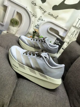 Adidas Gray Beige Lightweight Runner Perforated Three-Stripe Overlay Running Shoes 7