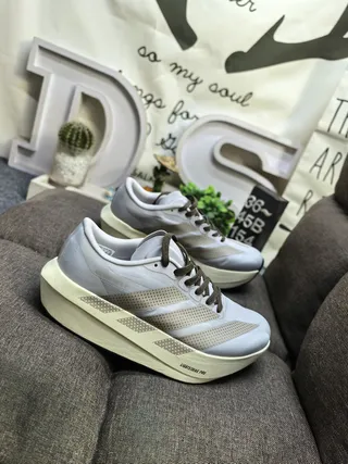 Adidas Gray Beige Lightweight Runner Perforated Three-Stripe Overlay Running Shoes 9