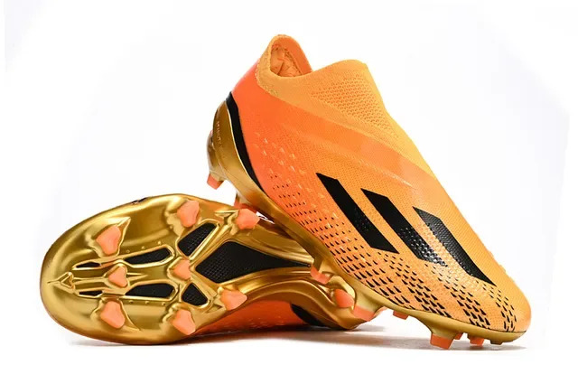 Adidas Chuteiras Laranja Dourado Sock-Fit Knit Upper Solado Metálico Campo Firme 3