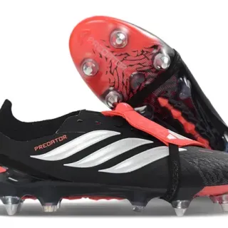 Adidas Predator काले लाल बिना लेस स्ट्रैप क्लोजर टेक्स्चरड सिंथेटिक अपर फर्म ग्राउंड सोकर जूते