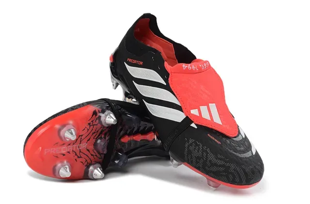 Adidas Predator Negro Rojo Sin Cordones Cierre de Correa Upper Sintético Texturizado Campo Firme Zapatos de Fútbol 4