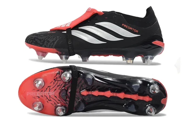 Adidas Predator Negro Rojo Sin Cordones Cierre de Correa Upper Sintético Texturizado Campo Firme Zapatos de Fútbol 6