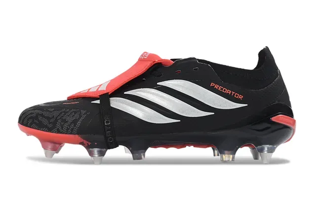 Adidas Predator Negro Rojo Sin Cordones Cierre de Correa Upper Sintético Texturizado Campo Firme Zapatos de Fútbol 7
