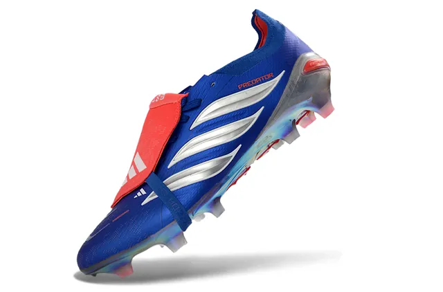 Adidas Predator Azul Vermelho Sem cadarços Fechamento de tiras Iridescente Contraforte do calcanhar Superfície firme Sapatos de futebol 3