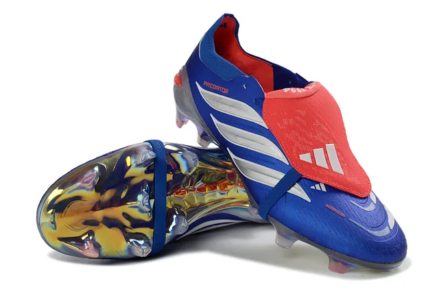 Adidas Predator Azul Vermelho Sem cadarços Fechamento de tiras Iridescente Contraforte do calcanhar Superfície firme Sapatos de futebol 4