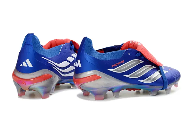 Adidas Predator Azul Vermelho Sem cadarços Fechamento de tiras Iridescente Contraforte do calcanhar Superfície firme Sapatos de futebol 5