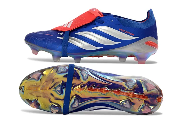 Adidas Predator Azul Vermelho Sem cadarços Fechamento de tiras Iridescente Contraforte do calcanhar Superfície firme Sapatos de futebol 6