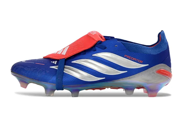 Adidas Predator Azul Vermelho Sem cadarços Fechamento de tiras Iridescente Contraforte do calcanhar Superfície firme Sapatos de futebol 7
