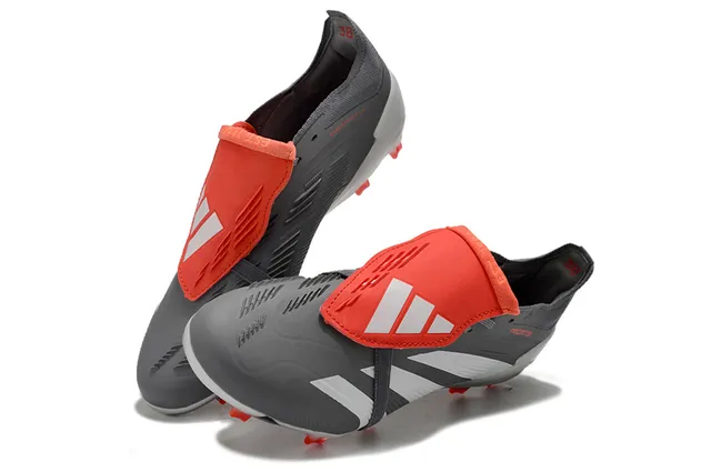 Adidas Predator ग्रे रेड बिना लेस स्ट्रैप क्लोजर तीन सफेद पट्टियाँ फर्म ग्राउंड सॉकर जूते 3