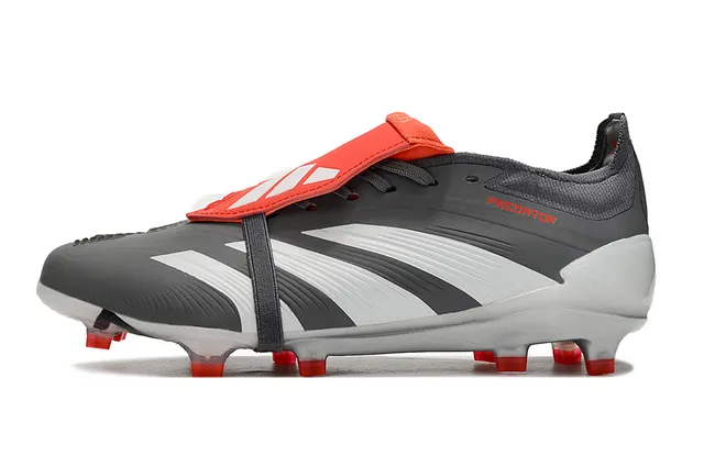 Adidas Predator ग्रे रेड बिना लेस स्ट्रैप क्लोजर तीन सफेद पट्टियाँ फर्म ग्राउंड सॉकर जूते 4