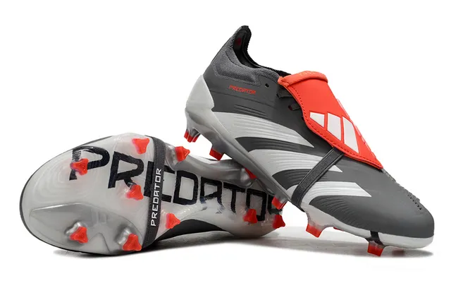 Adidas Predator ग्रे रेड बिना लेस स्ट्रैप क्लोजर तीन सफेद पट्टियाँ फर्म ग्राउंड सॉकर जूते 7