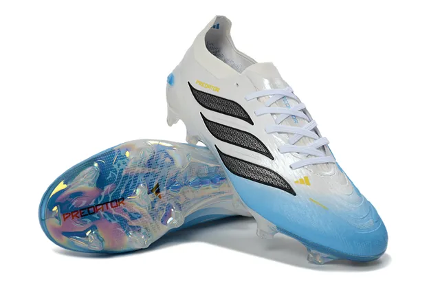 Adidas Predator Blanc Bleu Bas Col Botte Iridescent Holographique Compteur de Talon Sol Firme Chaussures de Football 4