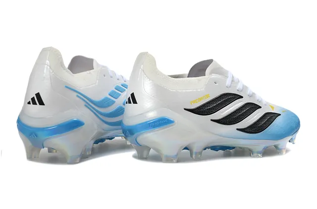 Adidas Predator Blanc Bleu Bas Col Botte Iridescent Holographique Compteur de Talon Sol Firme Chaussures de Football 5