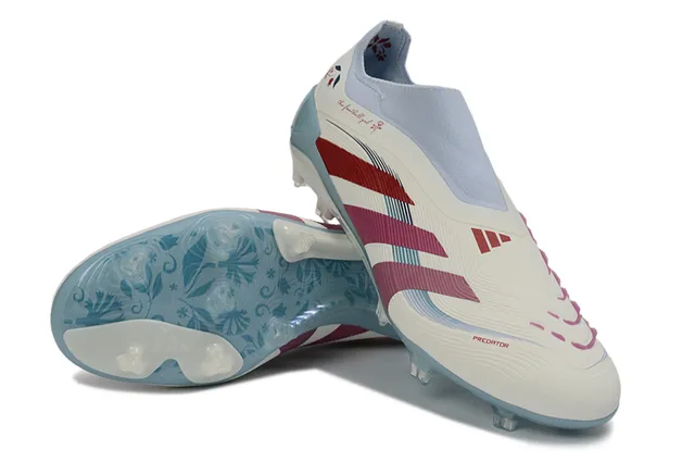 Adidas Predator Chaussures de football blanches bleues col style chaussette cage talon translucide terrain ferme 4