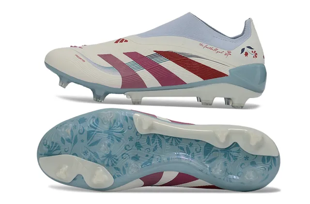 Adidas Predator Chaussures de football blanches bleues col style chaussette cage talon translucide terrain ferme 6