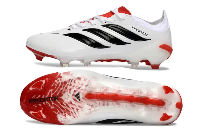 Adidas Predator blanco y rojo upper sintético con branding de tres rayas negras y punta firm ground zapatos de fútbol 6