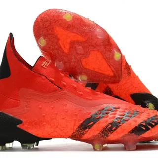 Adidas 红黑 高切 袜套领 纹理合成鞋面 钉地足球鞋