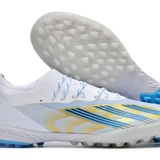 Adidas Sapatos de futebol Turf branco e azul low-cut com colar sock-fit