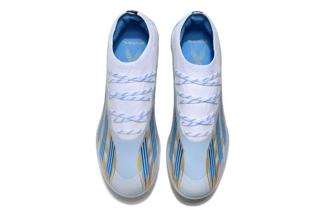 Adidas Sapatos de futebol Turf branco e azul low-cut com colar sock-fit 2