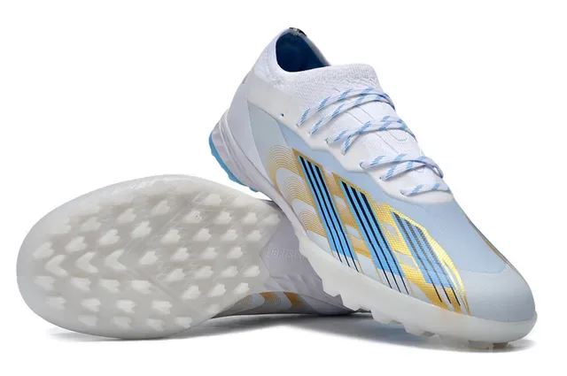 Adidas Sapatos de futebol Turf branco e azul low-cut com colar sock-fit 3