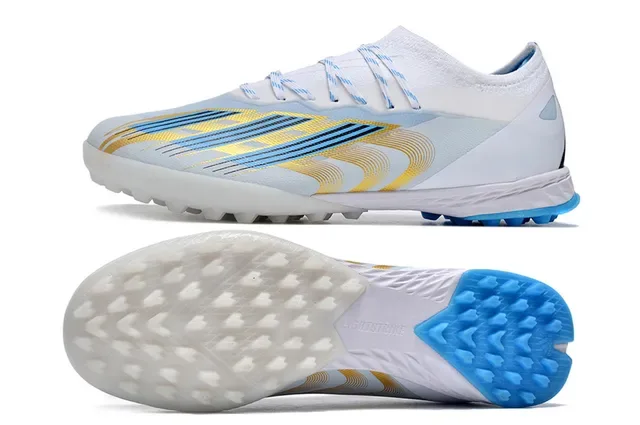 Adidas Sapatos de futebol Turf branco e azul low-cut com colar sock-fit 5