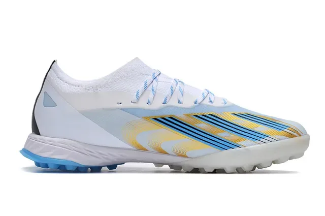 Adidas Sapatos de futebol Turf branco e azul low-cut com colar sock-fit 7