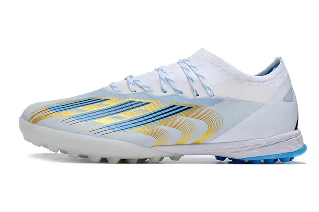 Adidas Sapatos de futebol Turf branco e azul low-cut com colar sock-fit 8