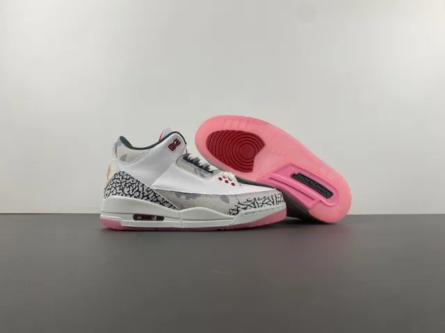 Tênis de basquete Air Jordan 3 Elephant Print branco e rosa 12
