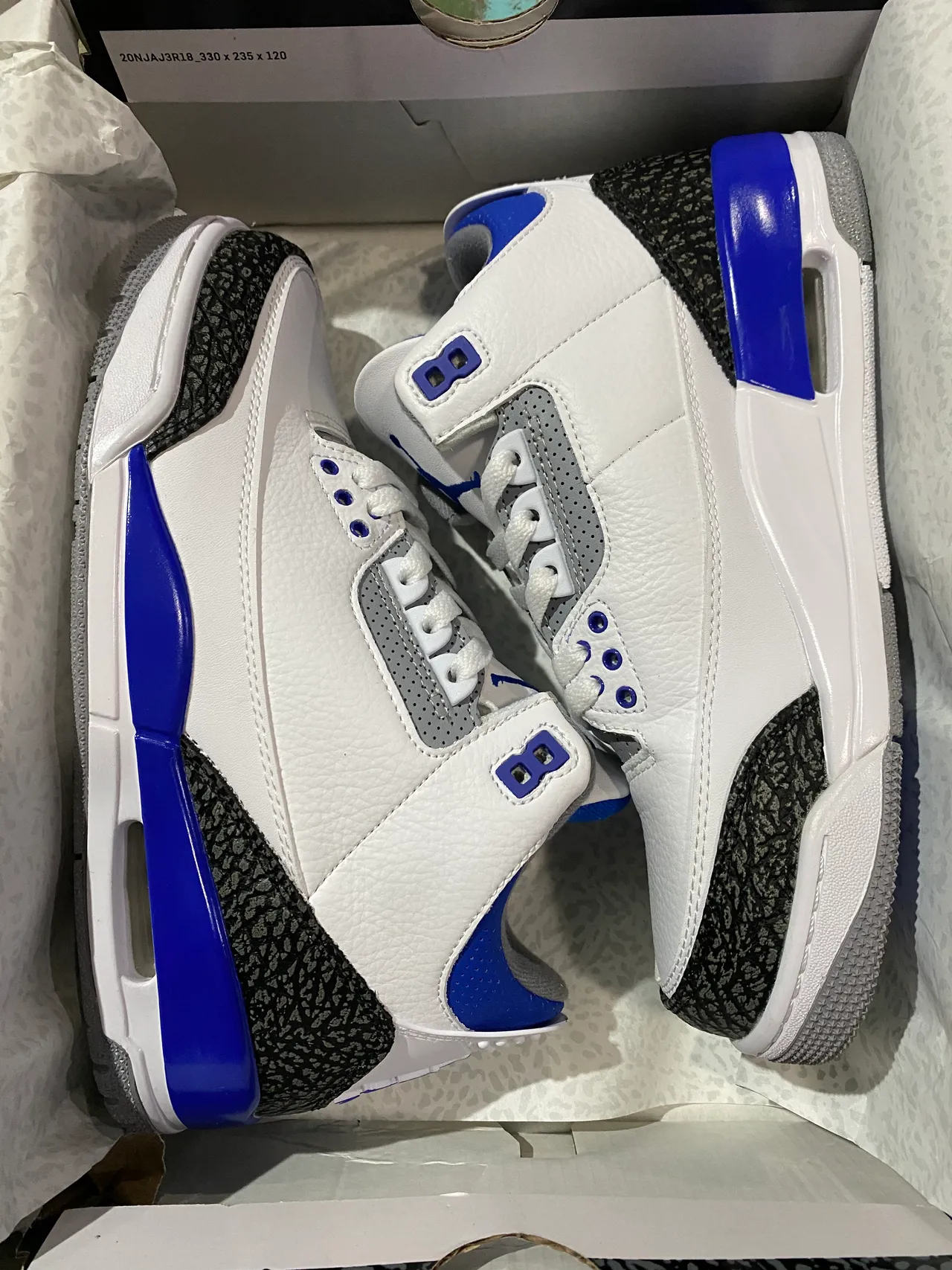 Air Jordan 3 Chaussures de Basketball Blancs à Imprimé Éléphant Bleu Royal 7