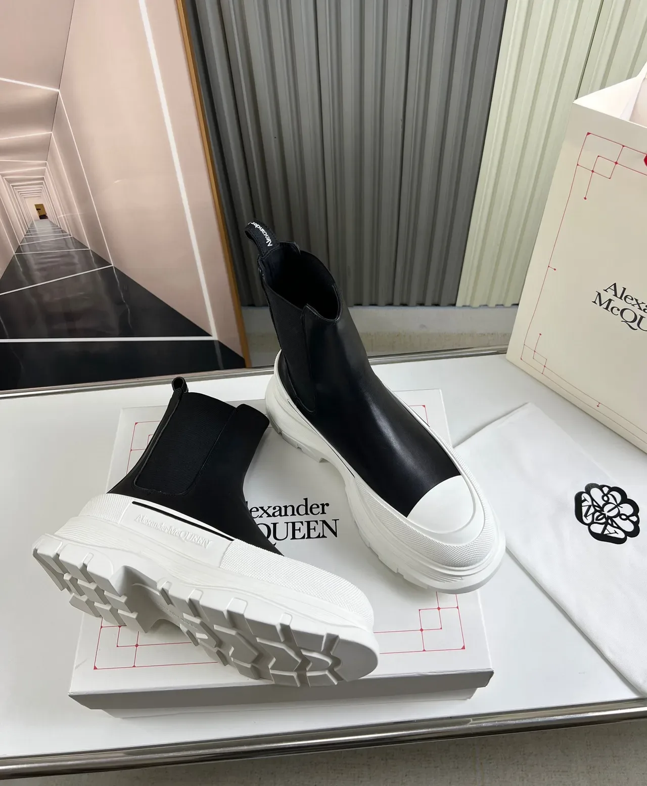 Alexander McQueen Black White Chunky Platform Sole Elastic Side Panels Chelsea Boots 4